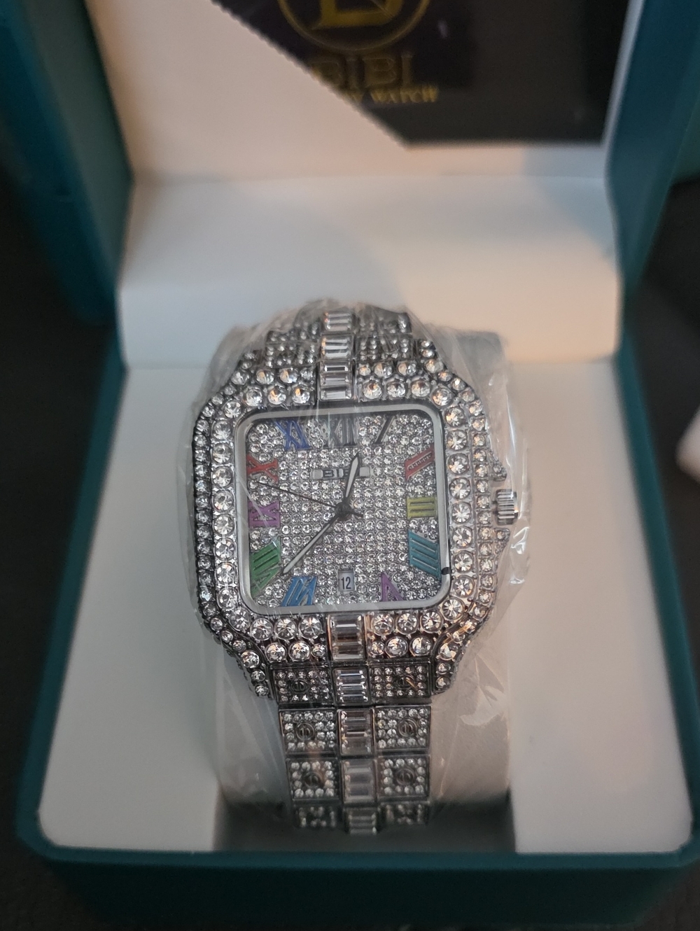 236.  BIBI Luxury Iced Out Gem-Set Square Silver Roman Dial Quartz Date Watch